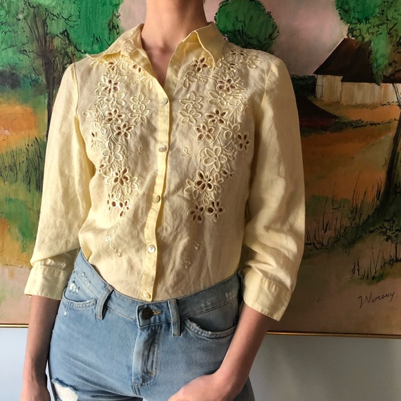 VINTAGE 90s Yellow Linen Flower Button Down Small - Picture 2 of 8